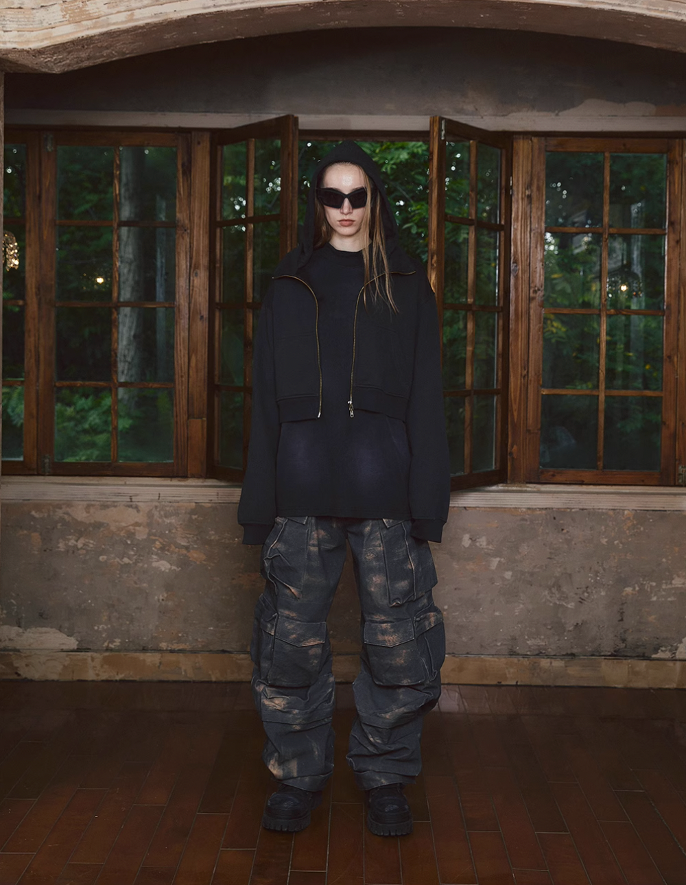STEEPC Fake Two Piece Collar Boxy Crop Zip Hoodie