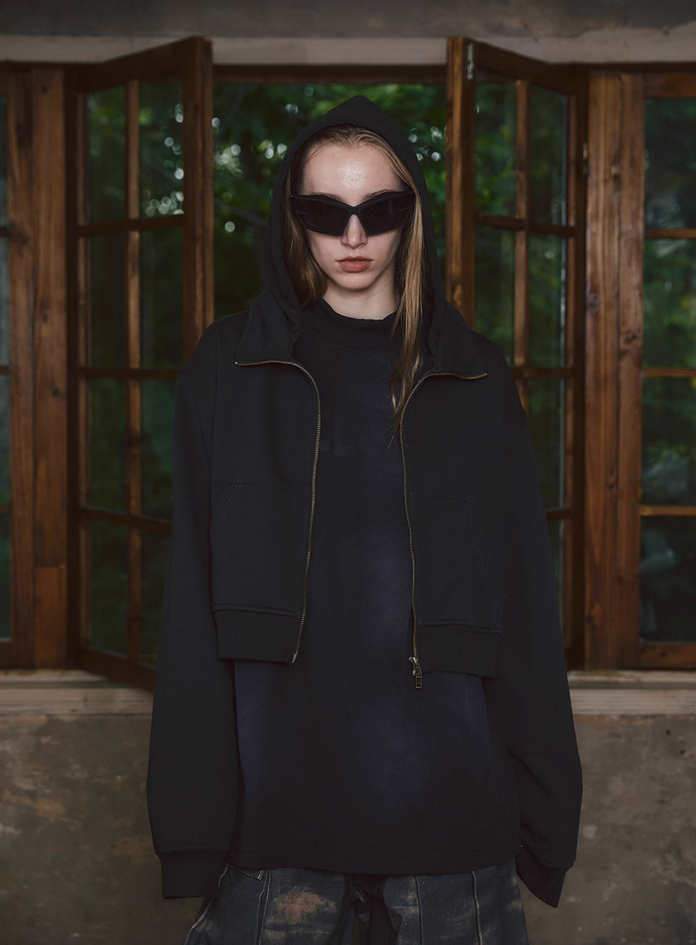 STEEPC Fake Two Piece Collar Boxy Crop Zip Hoodie