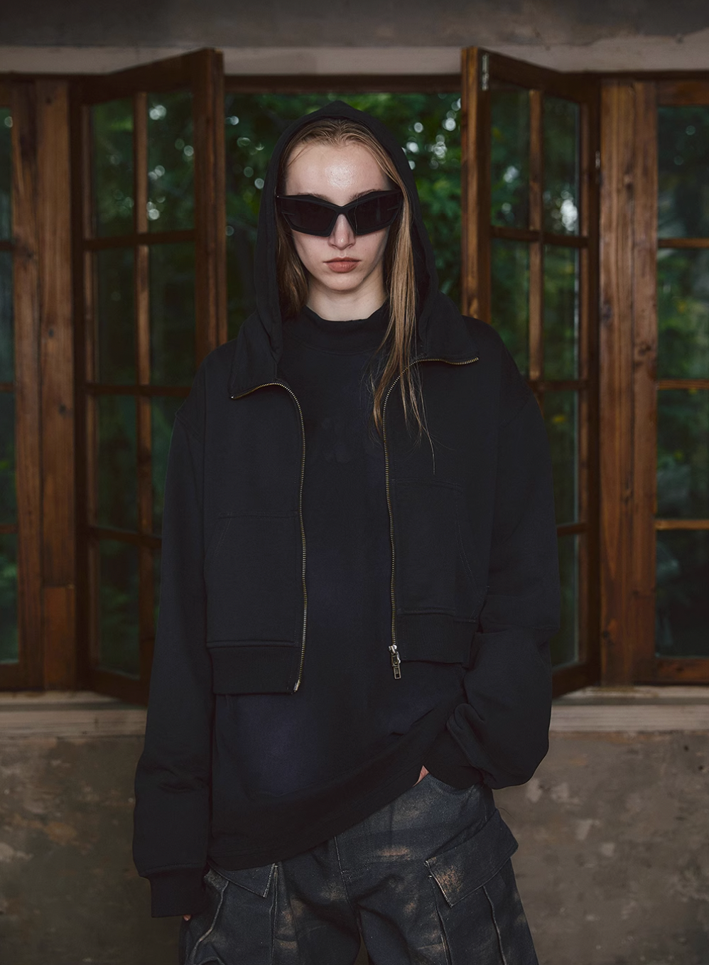 STEEPC Fake Two Piece Collar Boxy Crop Zip Hoodie