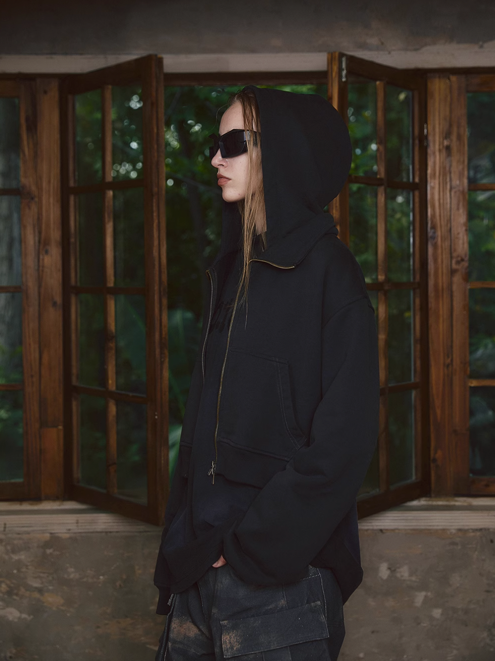 STEEPC Fake Two Piece Collar Boxy Crop Zip Hoodie