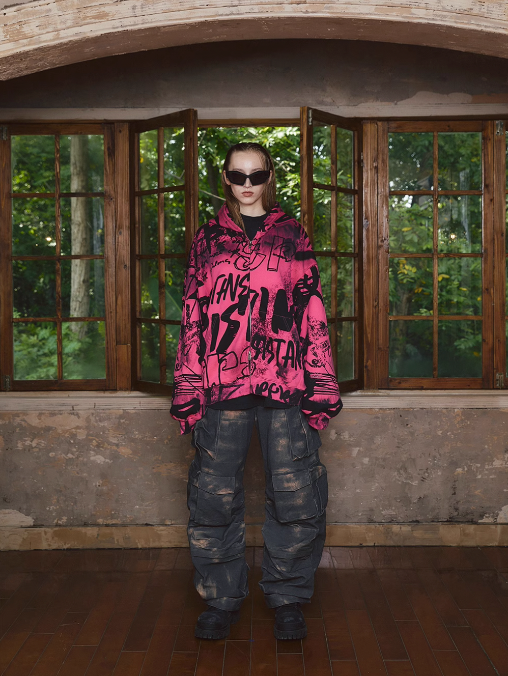 STEEPC Pink Graffiti Drop Shoulder Zip Hoodie