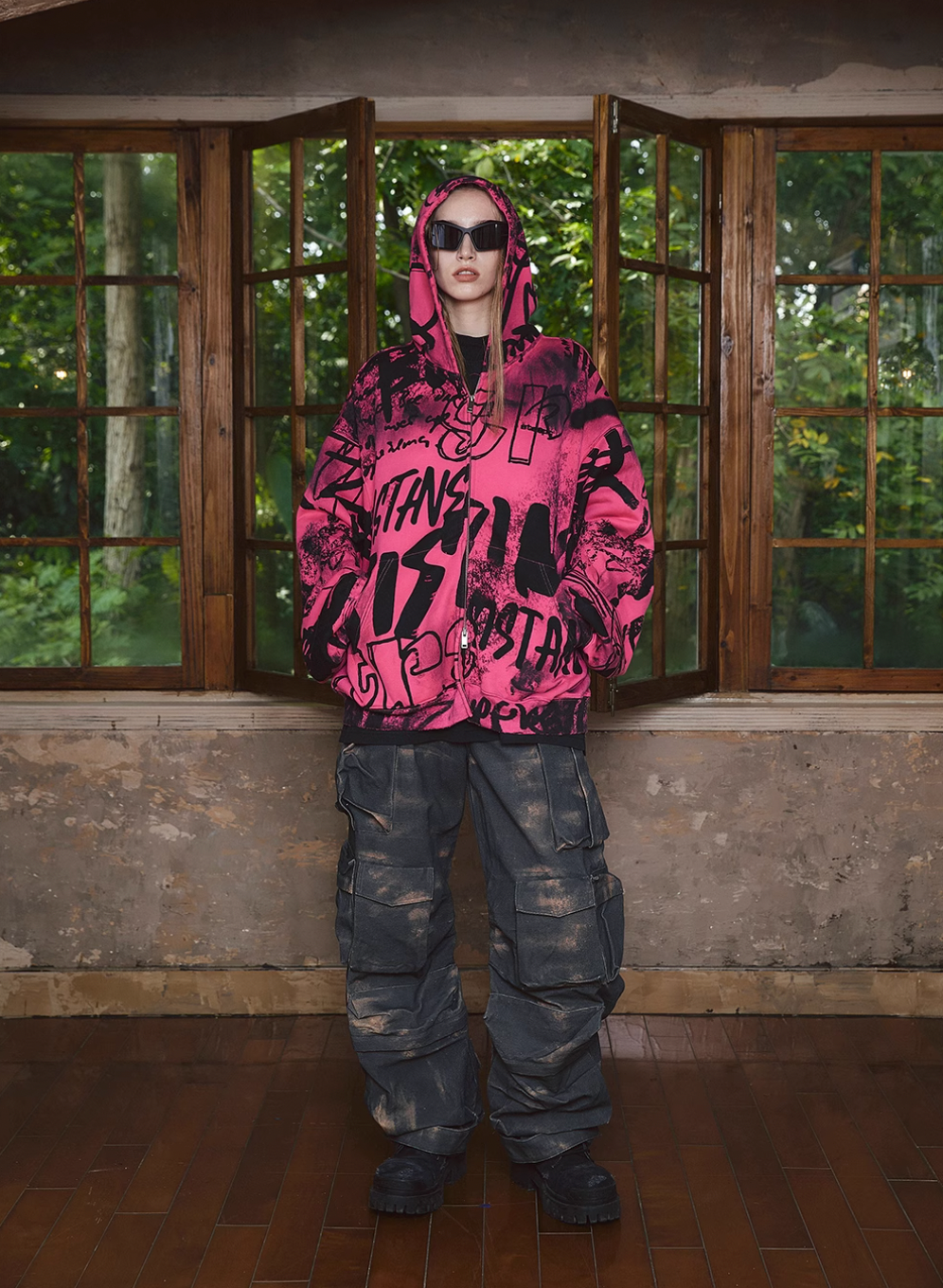 STEEPC Pink Graffiti Drop Shoulder Zip Hoodie