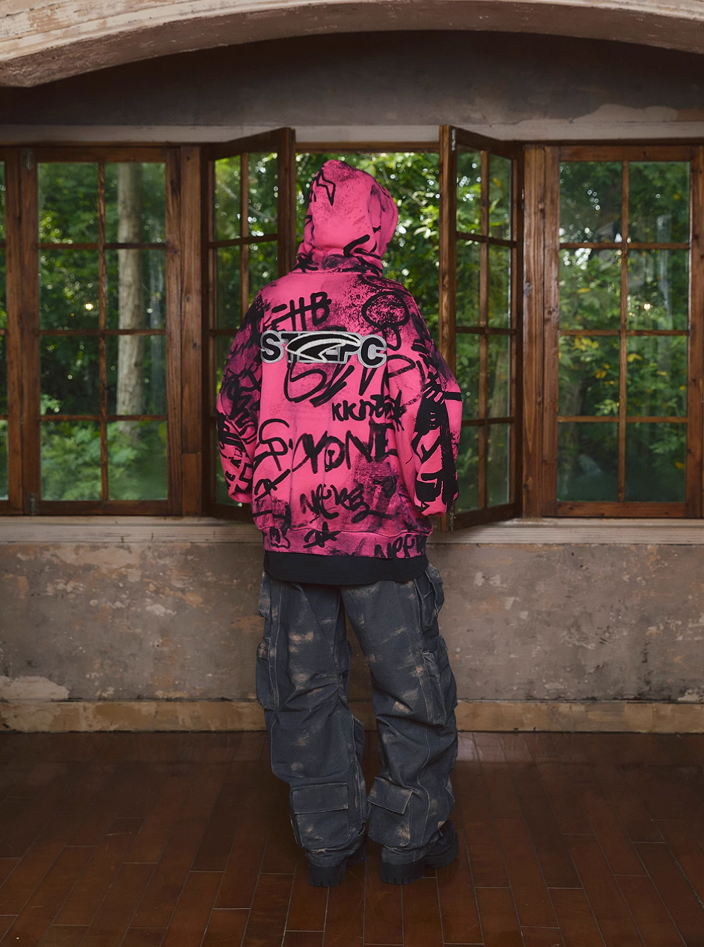 STEEPC Pink Graffiti Drop Shoulder Zip Hoodie