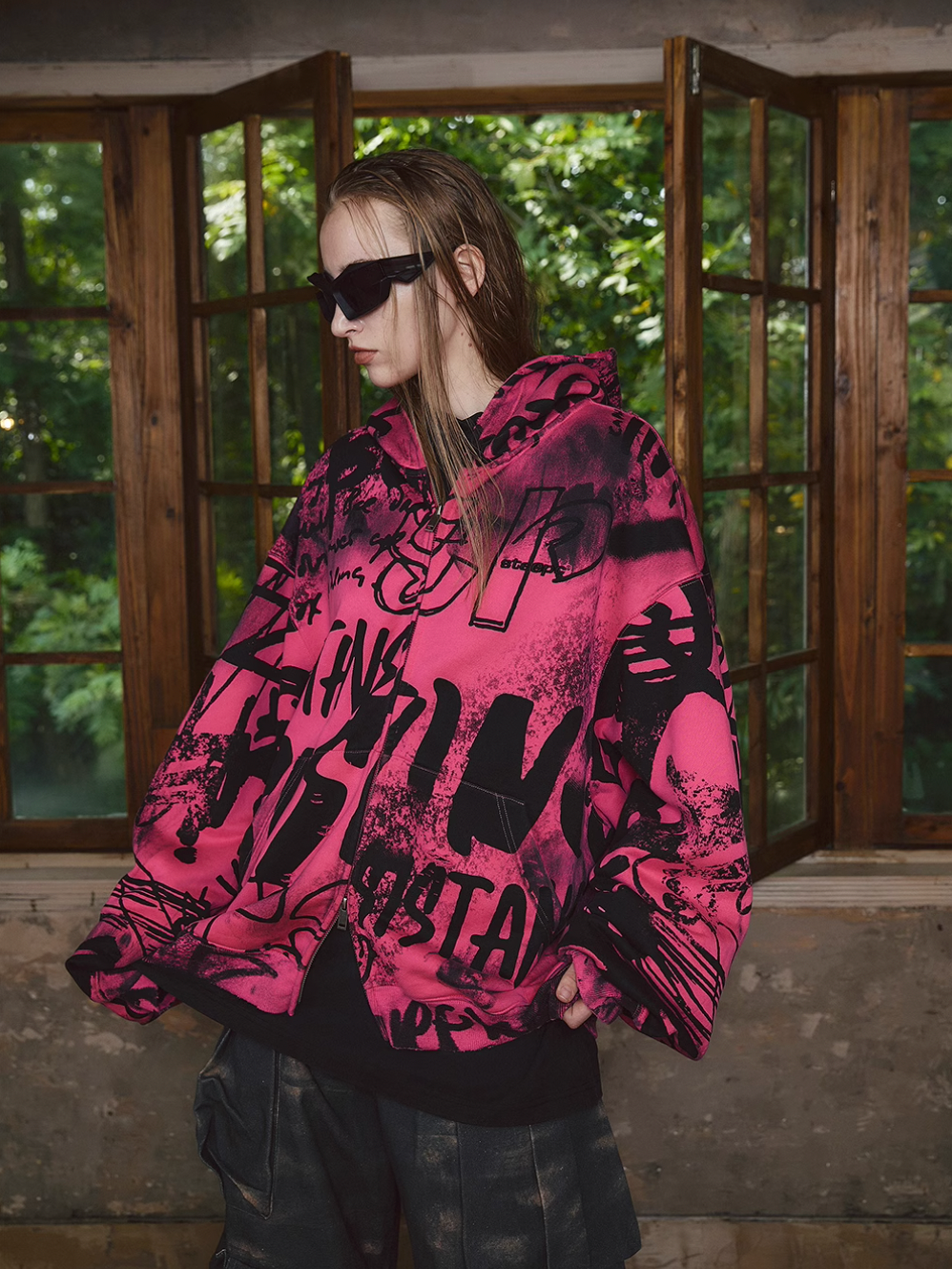 STEEPC Pink Graffiti Drop Shoulder Zip Hoodie