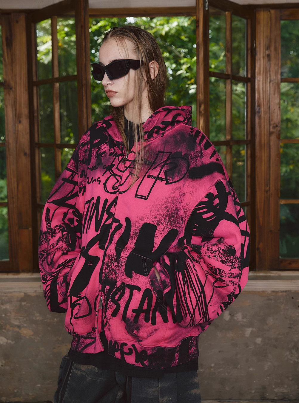 STEEPC Pink Graffiti Drop Shoulder Zip Hoodie