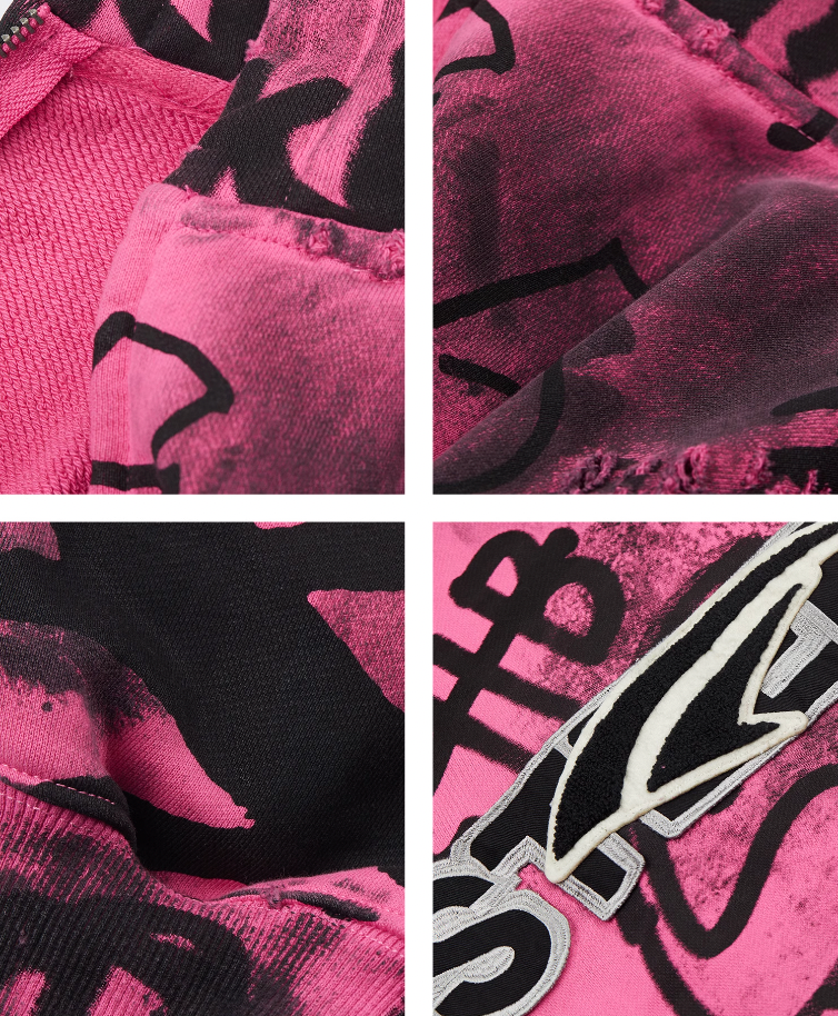 STEEPC Pink Graffiti Drop Shoulder Zip Hoodie