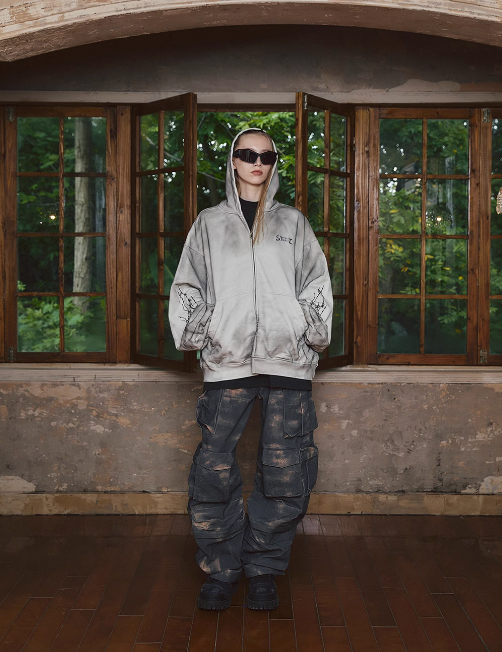 STEEPC Blade Drop Shoulder Dirty Zip Hoodie