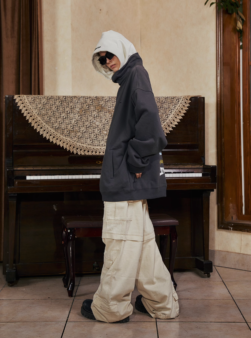 STEEPC Patchwork Turtleneck Two Tone Logo Print Hoodie