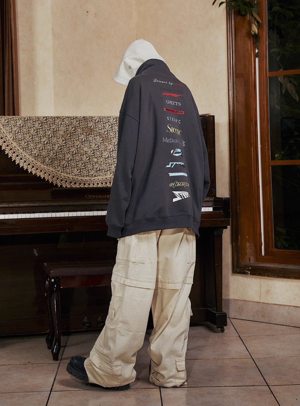 STEEPC Patchwork Turtleneck Two Tone Logo Print Hoodie