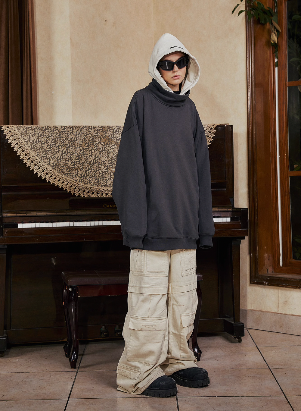 STEEPC Patchwork Turtleneck Two Tone Logo Print Hoodie