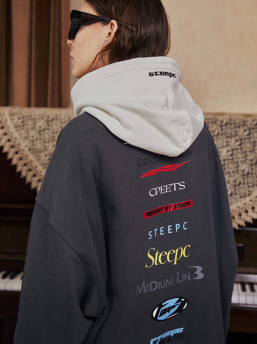 STEEPC Patchwork Turtleneck Two Tone Logo Print Hoodie