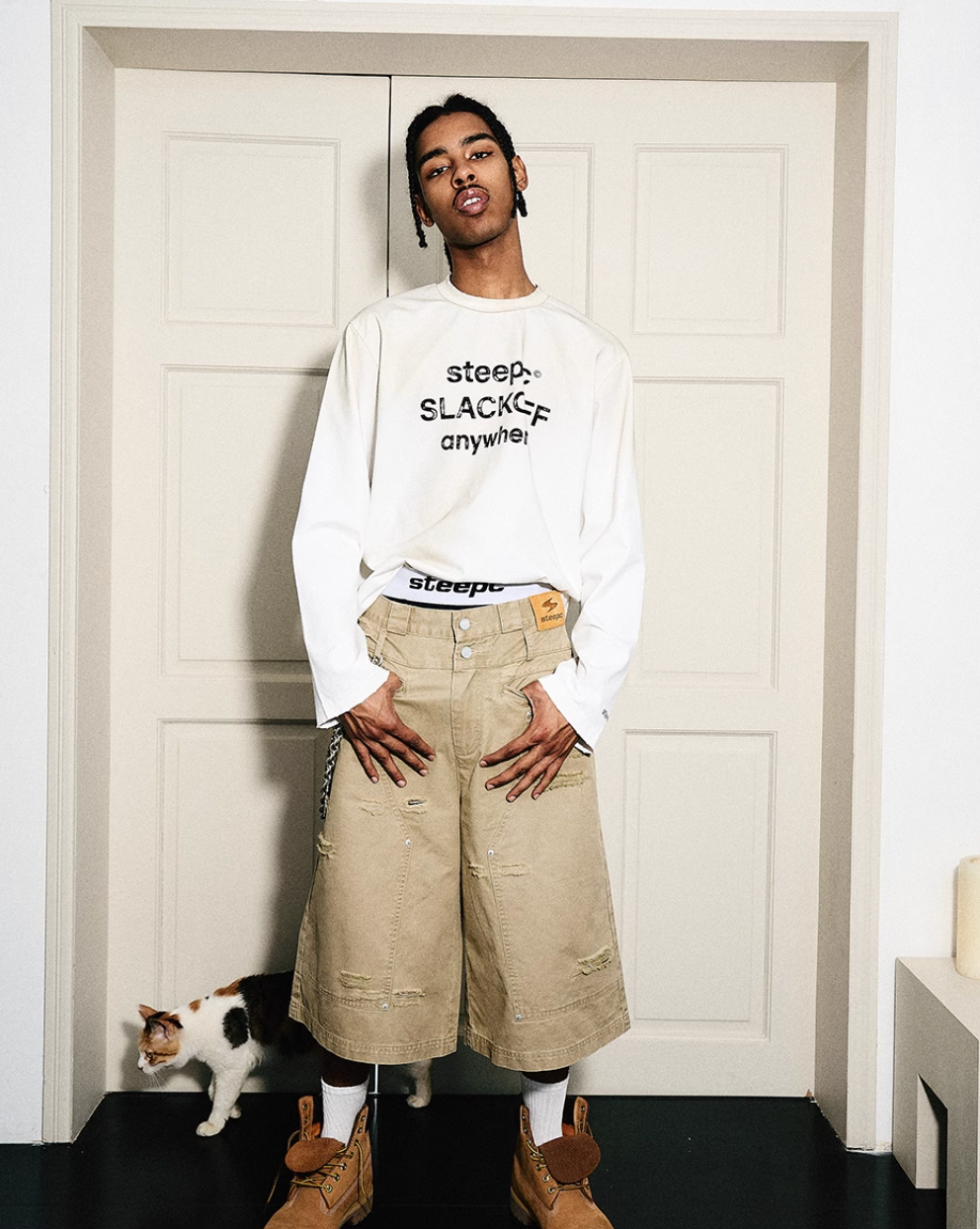 STEEPC Aged Torn Double Waisted Lumberjack Double Knee Baggy Shorts