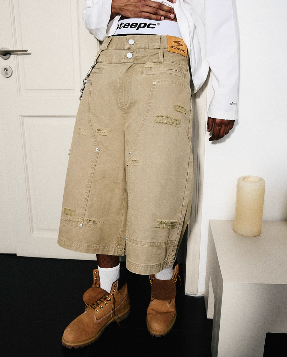 STEEPC Aged Torn Double Waisted Lumberjack Double Knee Baggy Shorts