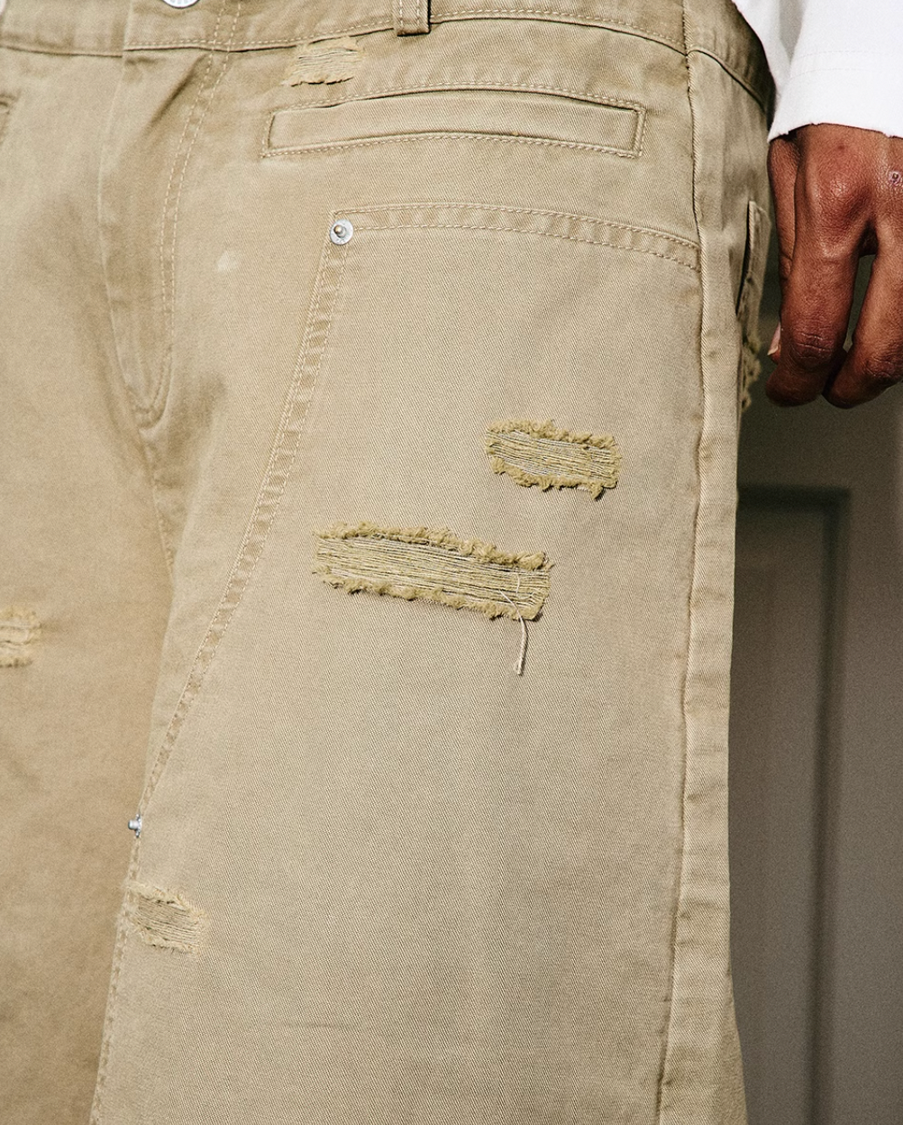 STEEPC Aged Torn Double Waisted Lumberjack Double Knee Baggy Shorts