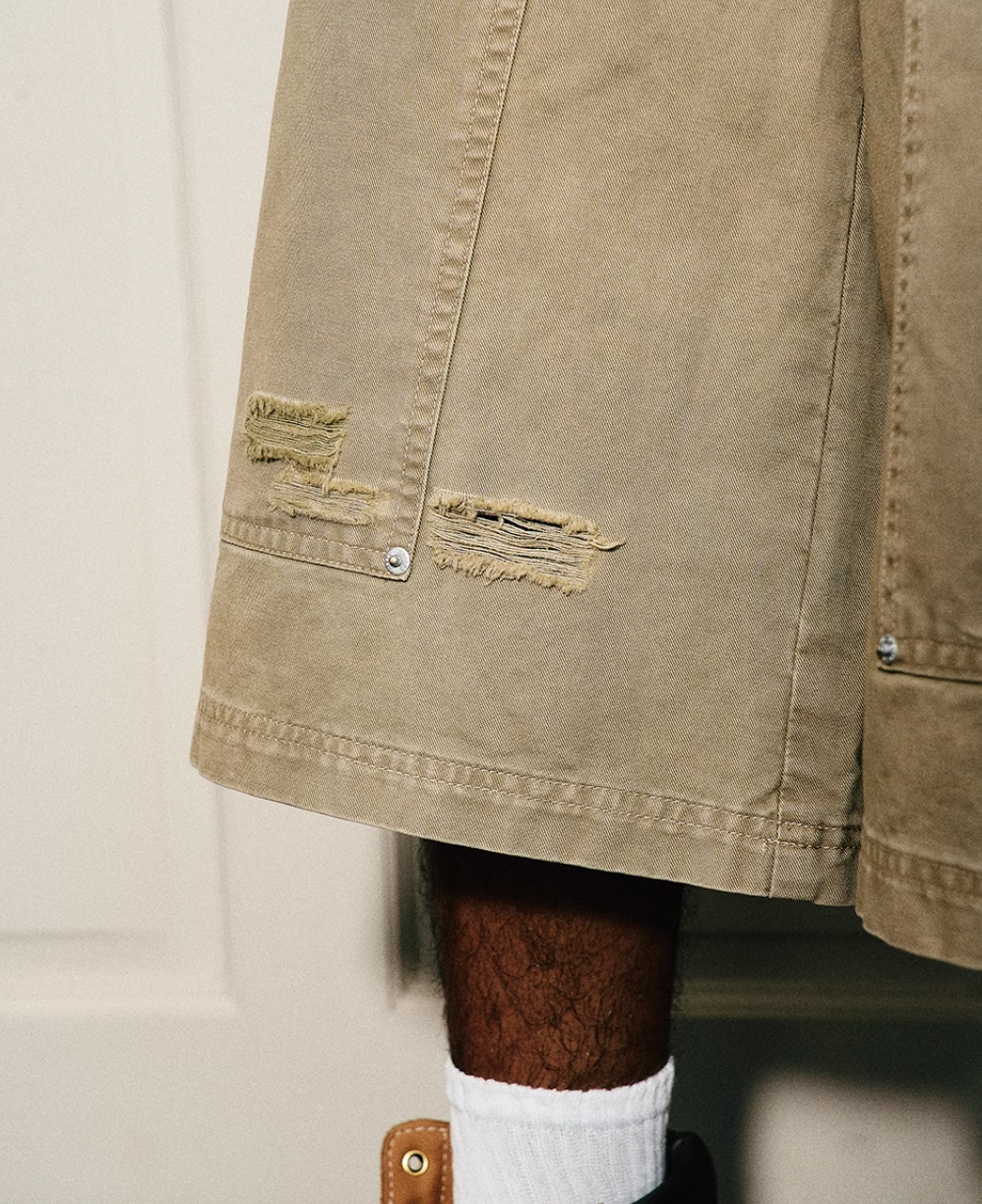 STEEPC Aged Torn Double Waisted Lumberjack Double Knee Baggy Shorts