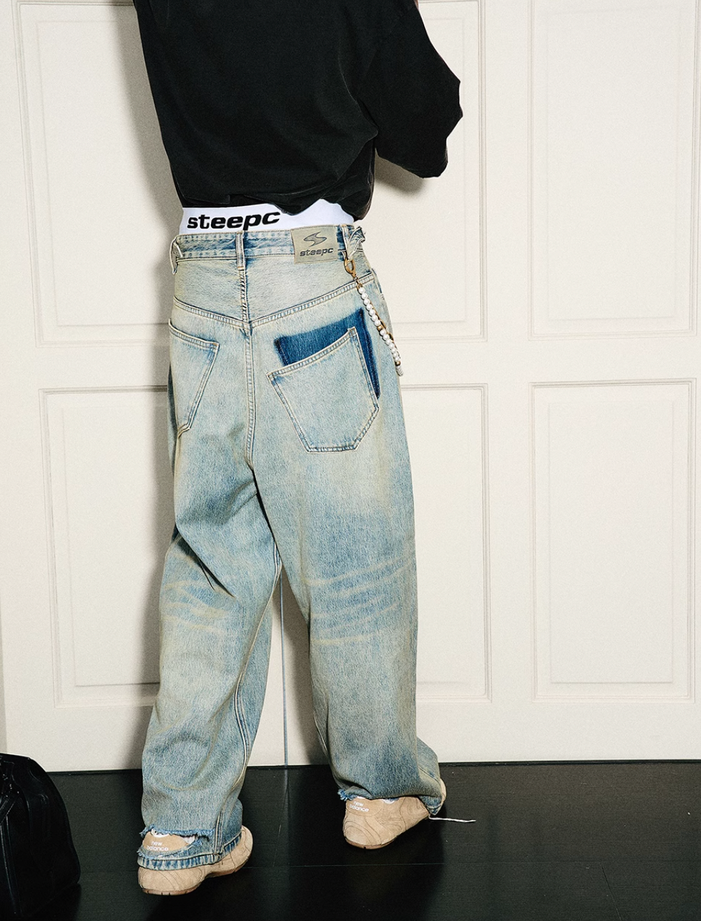 STEEPC Washed Vintage Pockets Deconstructed Baggy Jeans