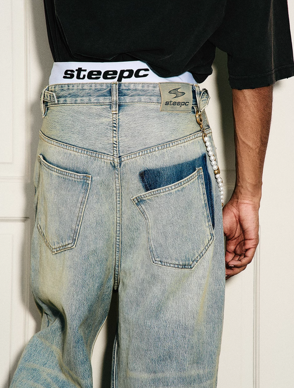 STEEPC Washed Vintage Pockets Deconstructed Baggy Jeans