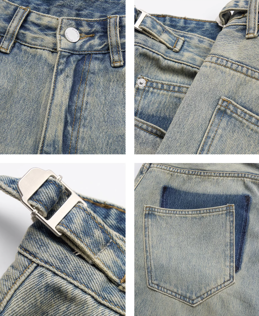 STEEPC Washed Vintage Pockets Deconstructed Baggy Jeans