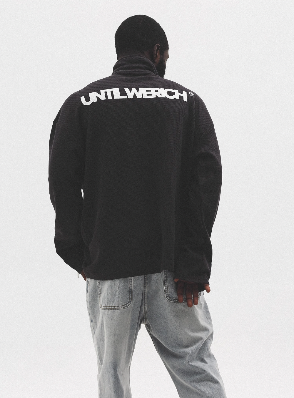 UNTILWERICH Waffle Logo Print Half Zip Long Sleeves Sweatshirt