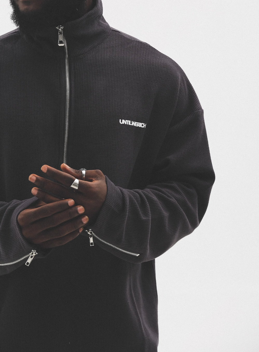 UNTILWERICH Waffle Logo Print Half Zip Long Sleeves Sweatshirt