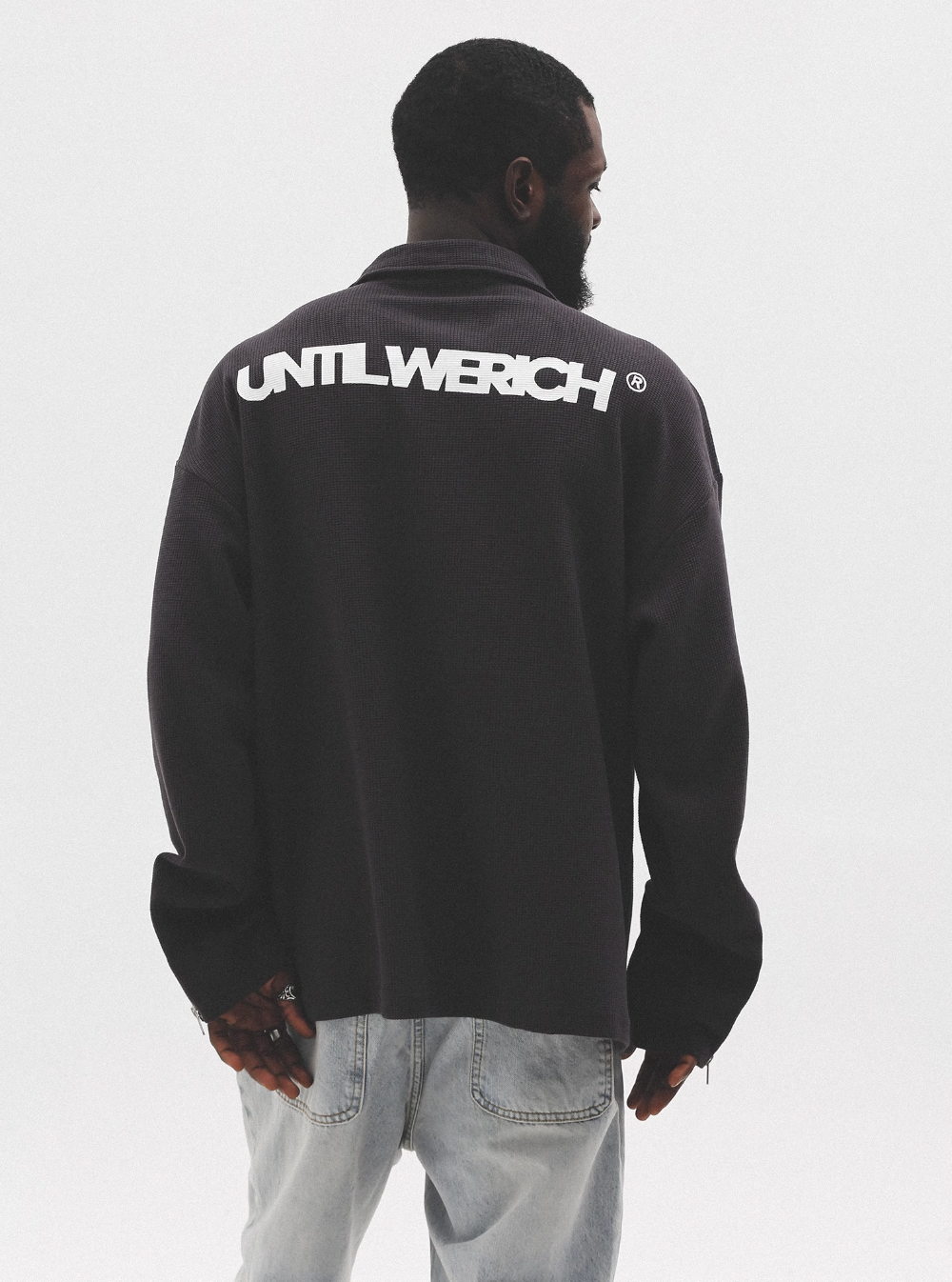 UNTILWERICH Waffle Logo Print Half Zip Long Sleeves Sweatshirt