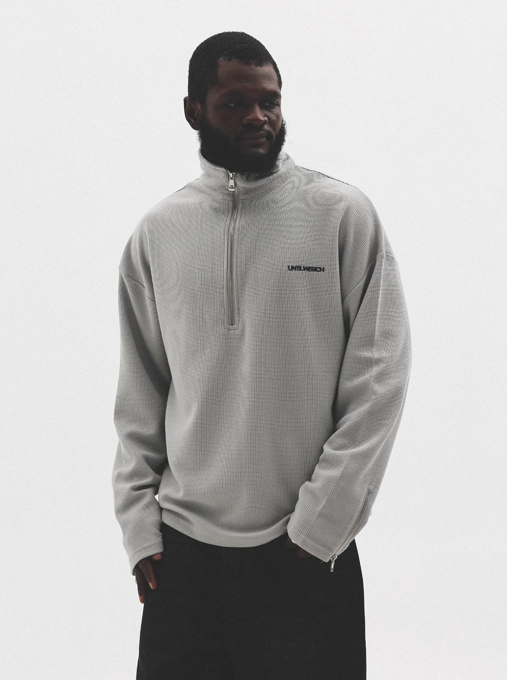 UNTILWERICH Waffle Logo Print Half Zip Long Sleeves Sweatshirt