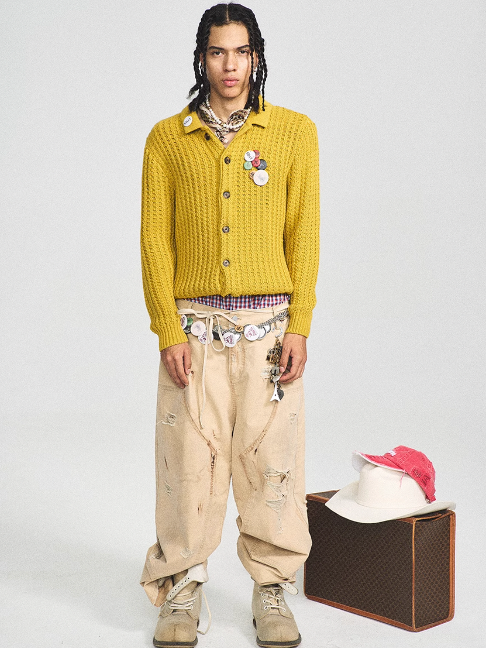 STEEPC Vintage Button Badge Knit Cardigan