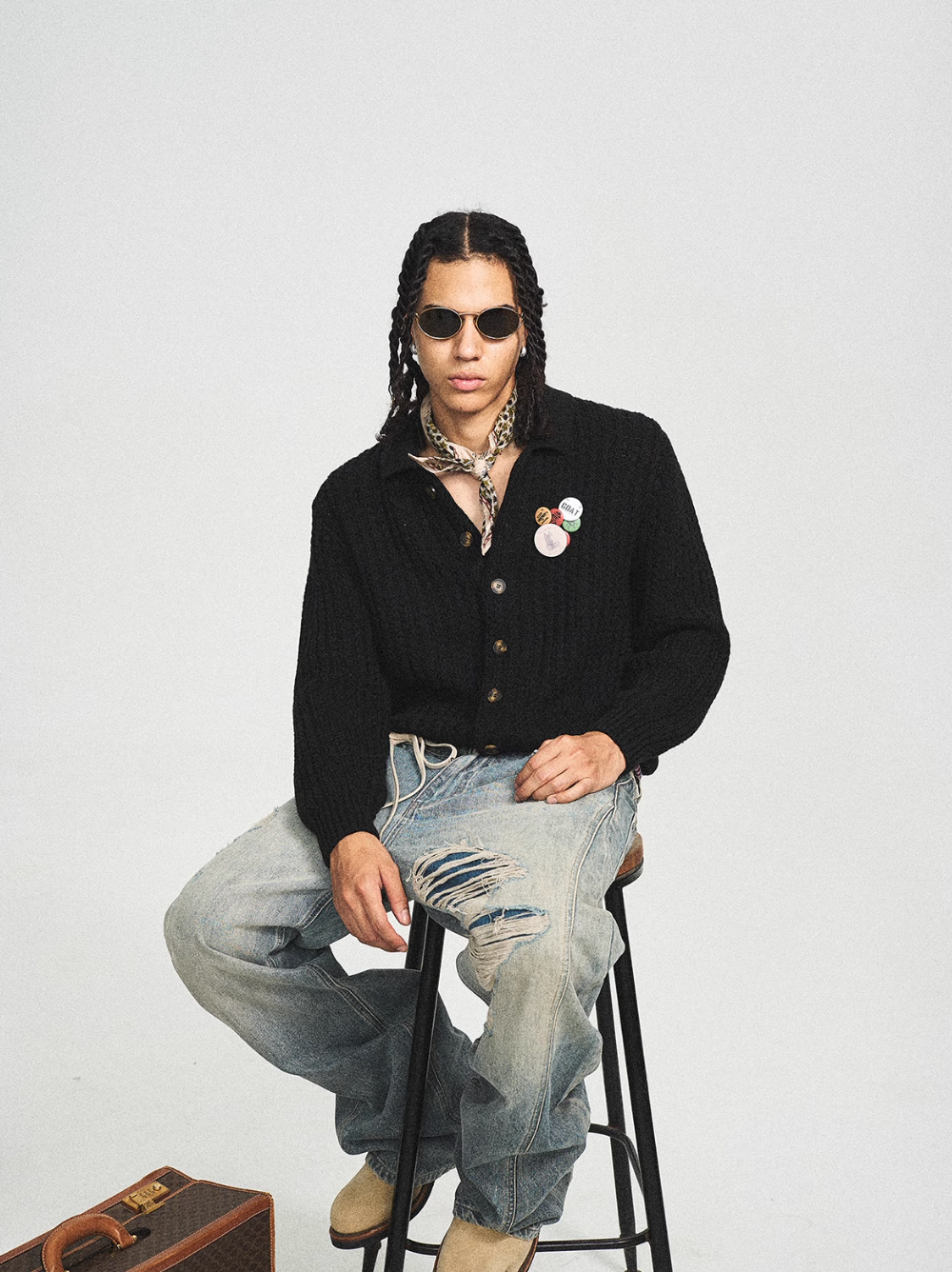 STEEPC Vintage Button Badge Knit Cardigan