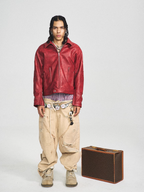 STEEPC Aged Washed Burgundy Red Short Leather Jacket