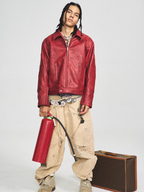 STEEPC Aged Washed Burgundy Red Short Leather Jacket