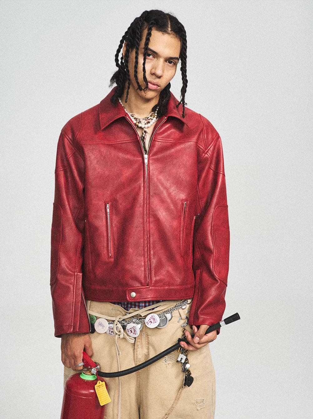 STEEPC Aged Washed Burgundy Red Short Leather Jacket