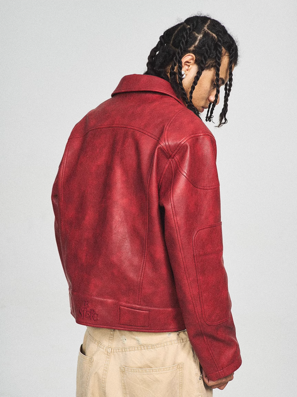 STEEPC Aged Washed Burgundy Red Short Leather Jacket
