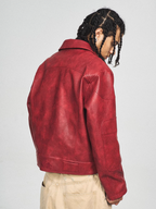 STEEPC Aged Washed Burgundy Red Short Leather Jacket