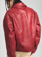 STEEPC Aged Washed Burgundy Red Short Leather Jacket