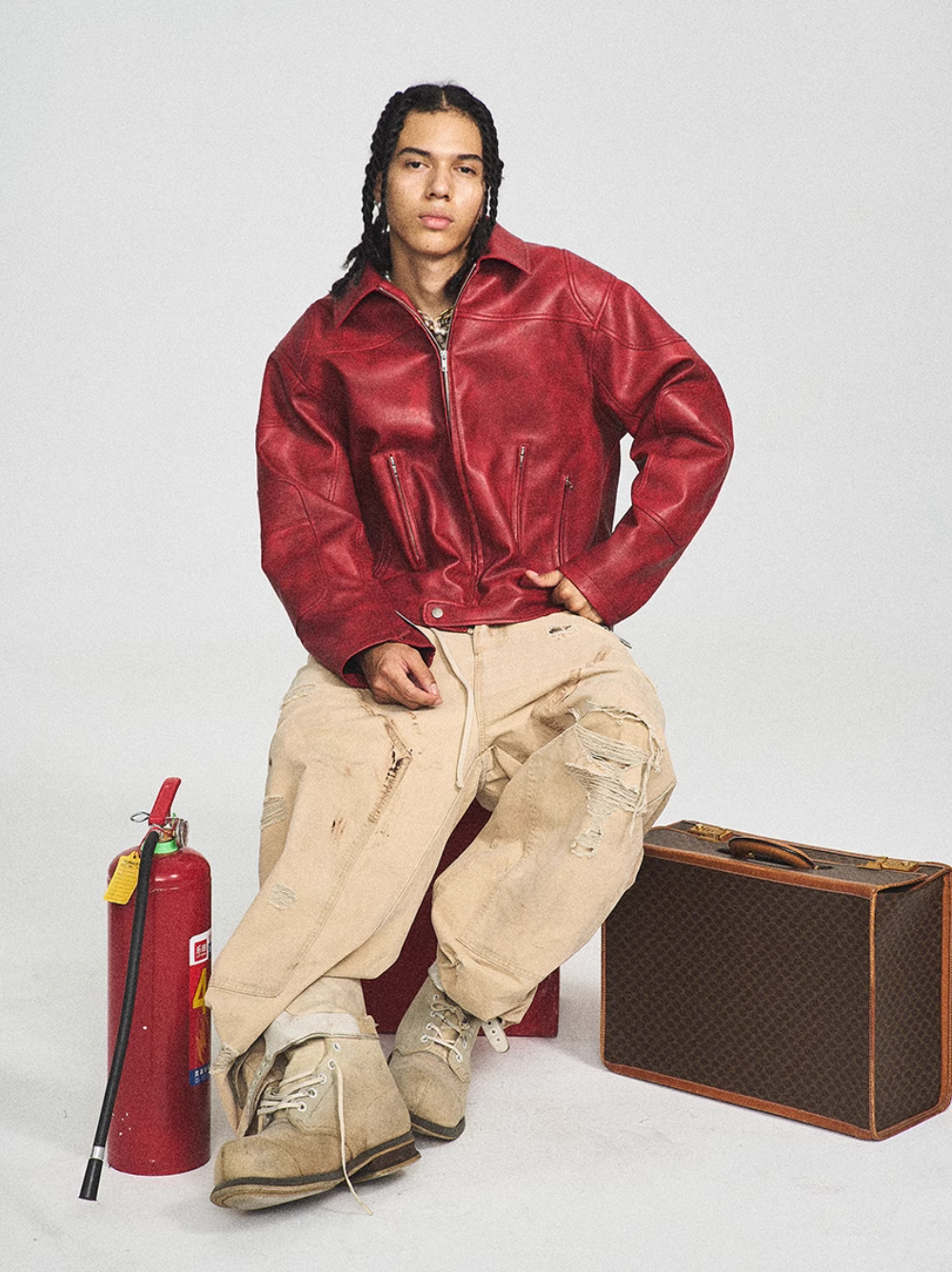 STEEPC Aged Washed Burgundy Red Short Leather Jacket