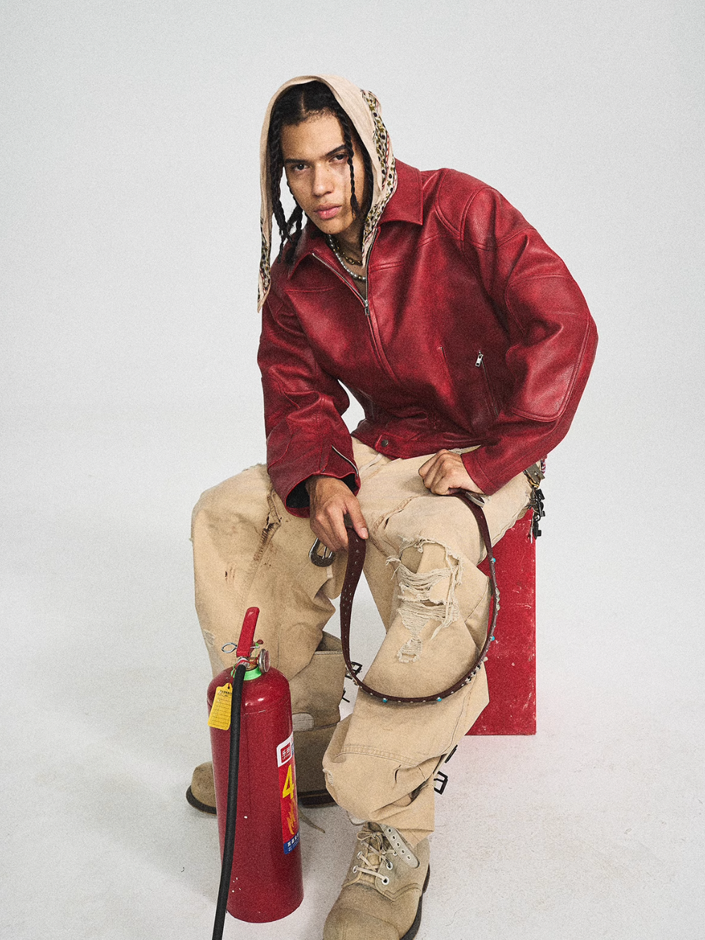 STEEPC Aged Washed Burgundy Red Short Leather Jacket
