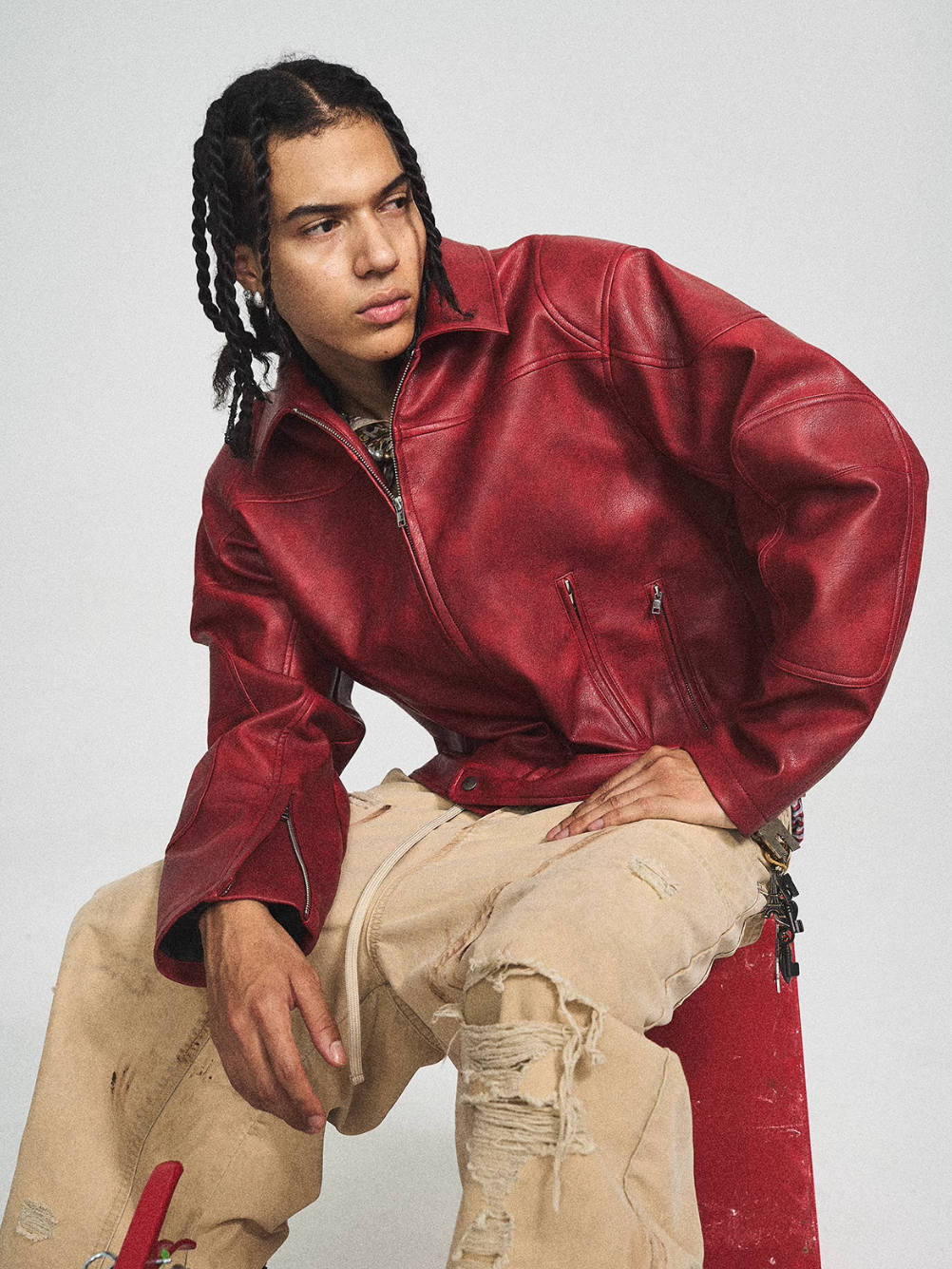 STEEPC Aged Washed Burgundy Red Short Leather Jacket