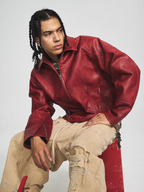 STEEPC Aged Washed Burgundy Red Short Leather Jacket