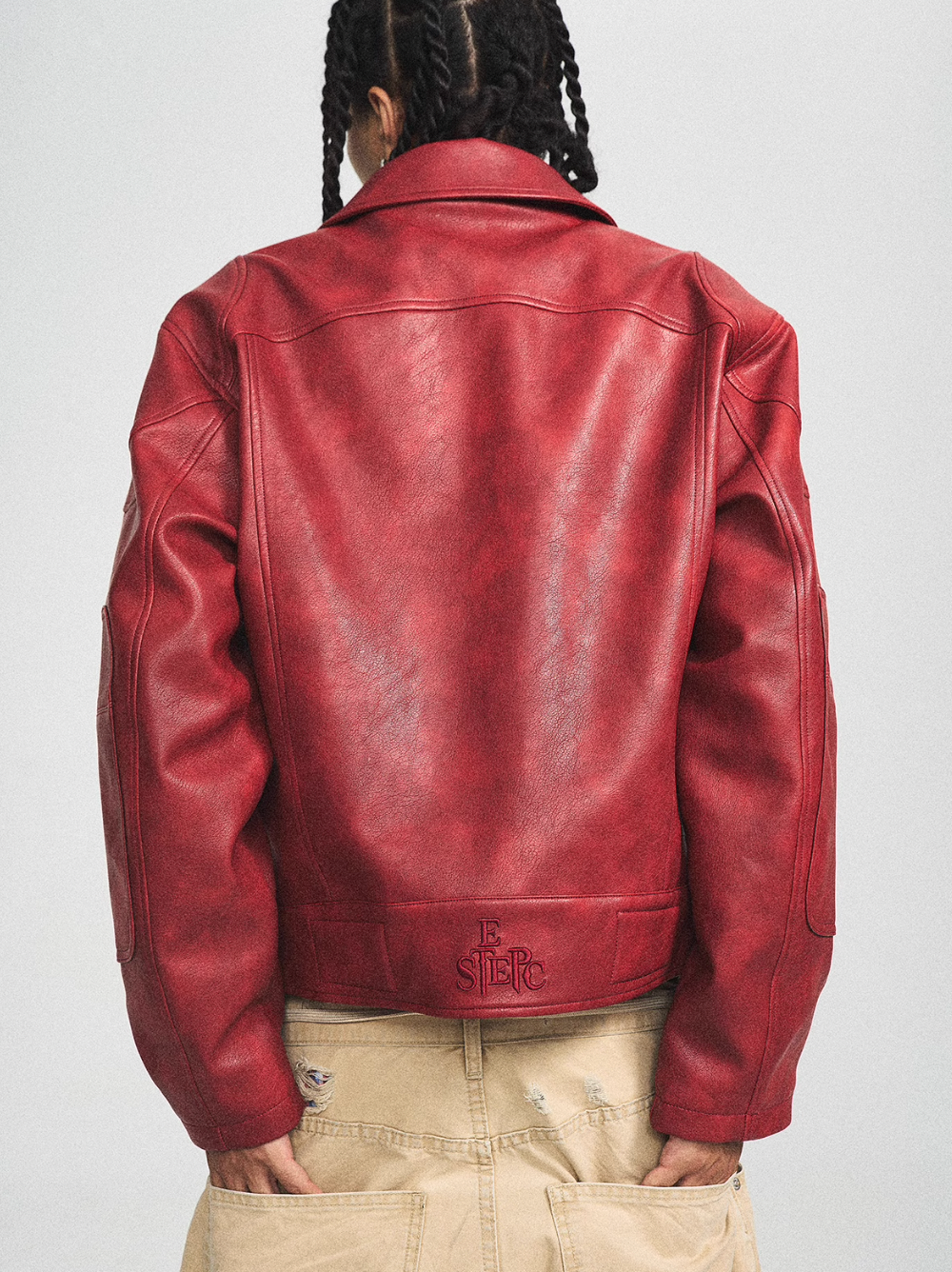 STEEPC Aged Washed Burgundy Red Short Leather Jacket