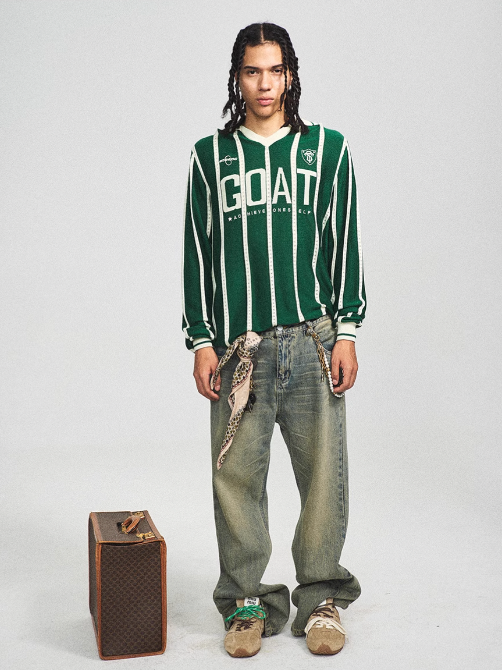 STEEPC Striped Knit GOAT Long Sleeve V-Neck Polo Jersey