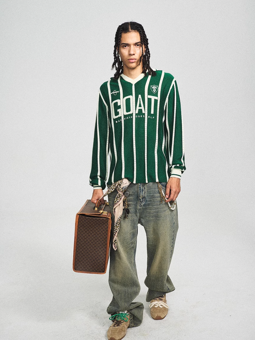 STEEPC Striped Knit GOAT Long Sleeve V-Neck Polo Jersey