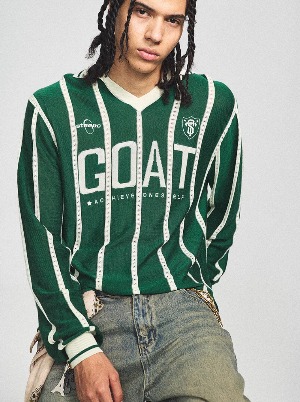 STEEPC Striped Knit GOAT Long Sleeve V-Neck Polo Jersey