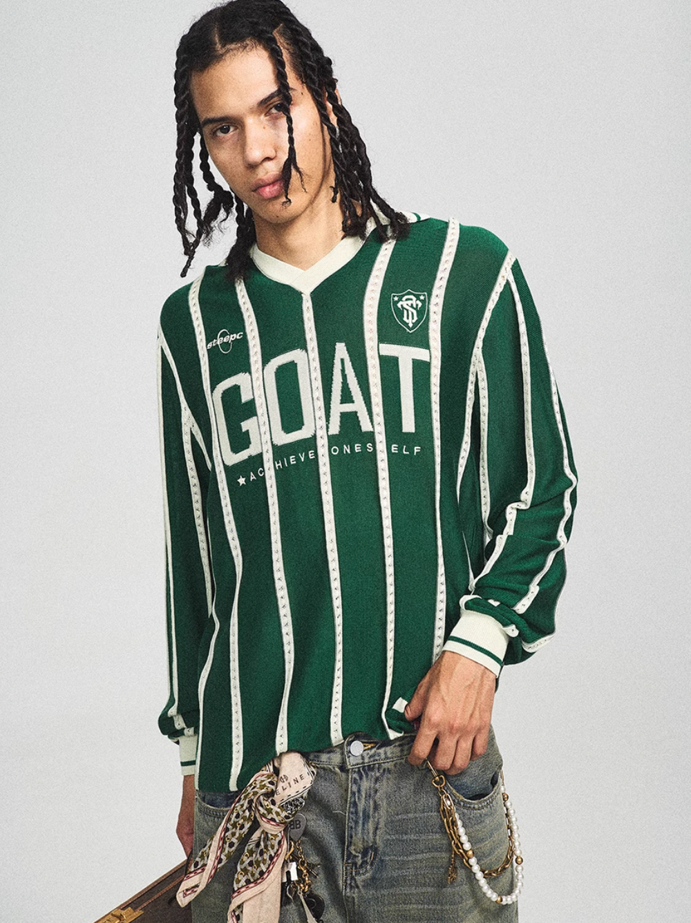 STEEPC Striped Knit GOAT Long Sleeve V-Neck Polo Jersey