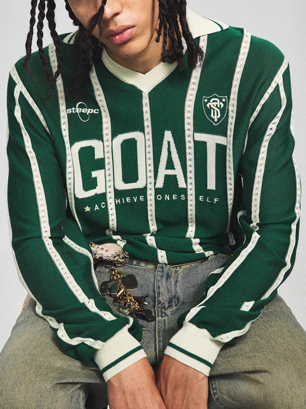 STEEPC Striped Knit GOAT Long Sleeve V-Neck Polo Jersey