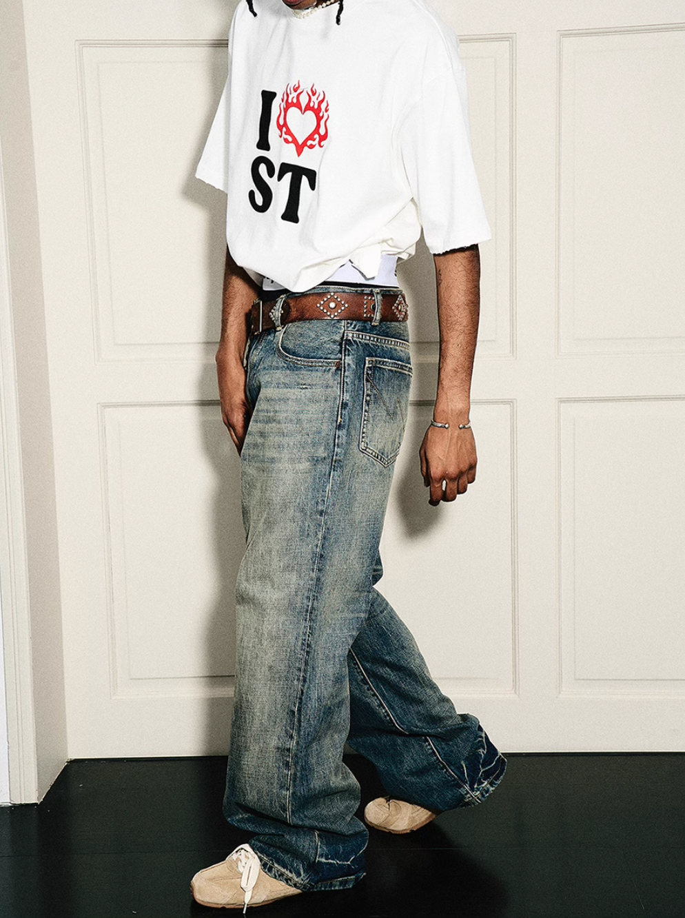 STEEPC Vintage Washed Cat Whisker Bootcut Jeans