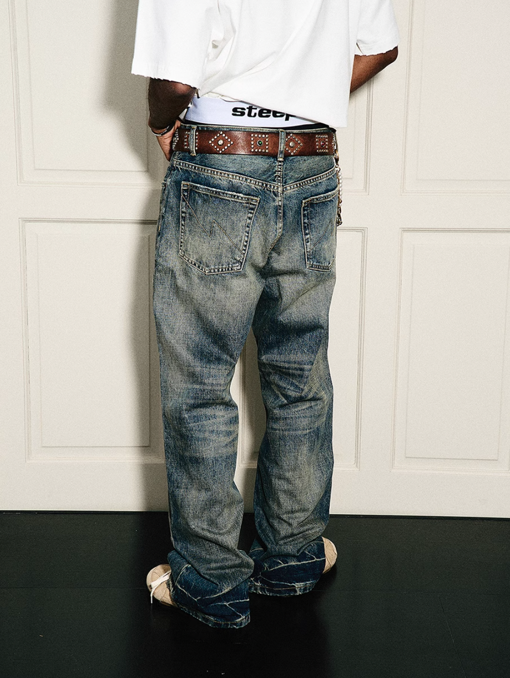 STEEPC Vintage Washed Cat Whisker Bootcut Jeans