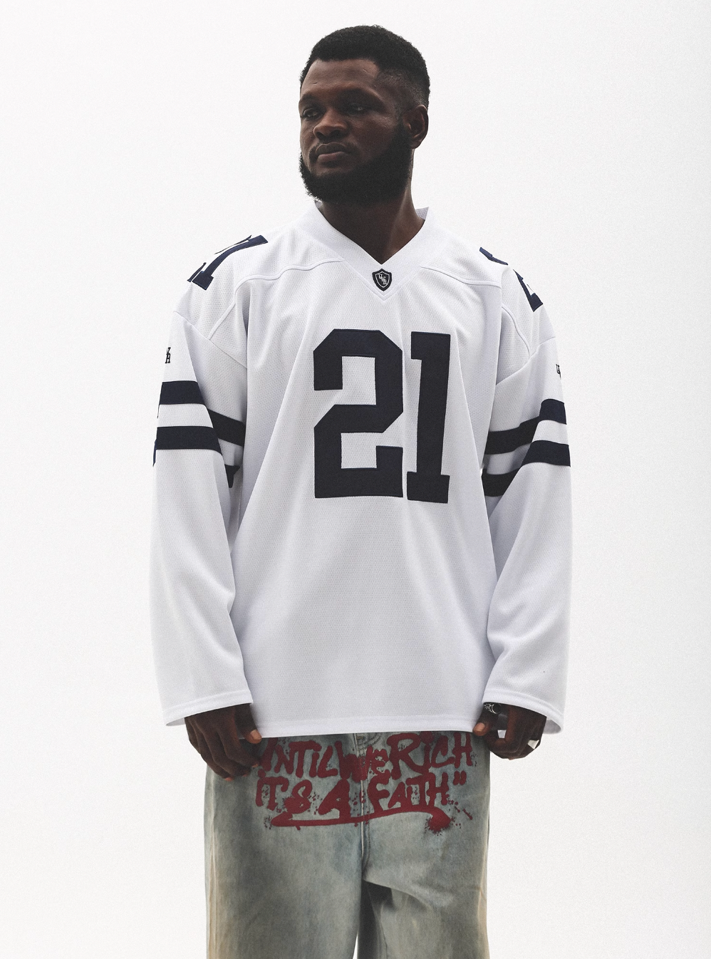 UNTILWERICH Mesh Quilting Embroidered Long Sleeve Hockey Jersey