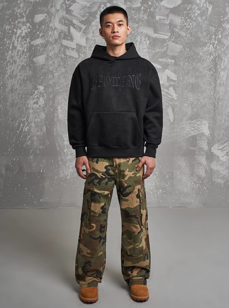 F3F Select Gothic Letters Embroidered Suede Hoodie