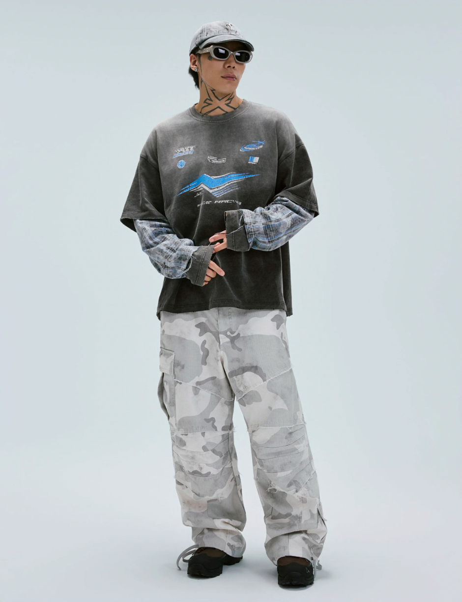 F2CE Washed Racing Patchwork Crackle Printed Long Sleeve Tee