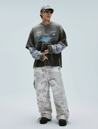F2CE Washed Racing Patchwork Crackle Printed Long Sleeve Tee